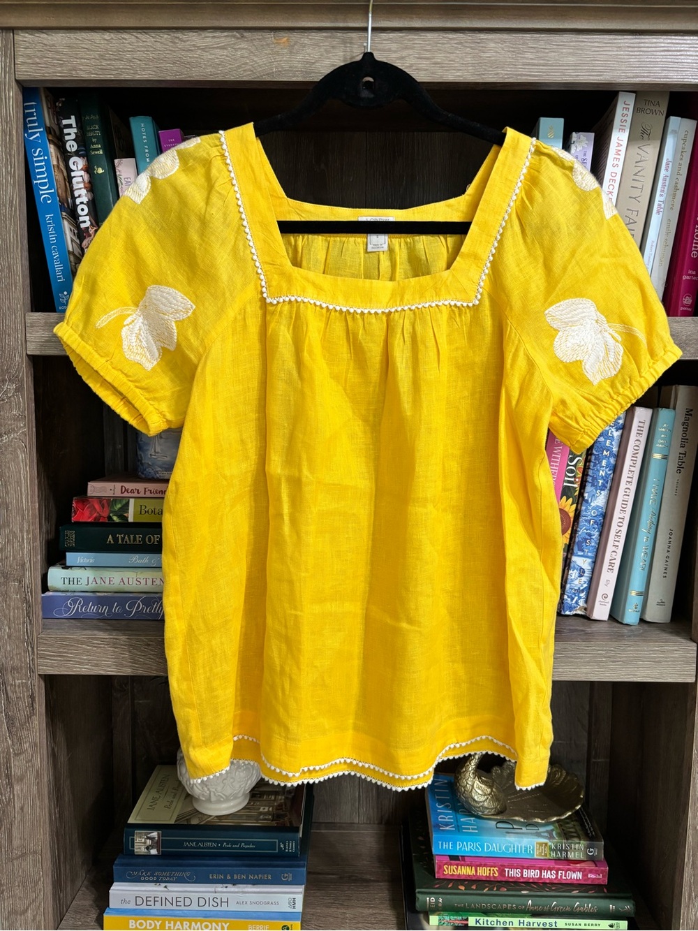 J. Crew Yellow Square-Neck Embroidered Linen Top, Size S